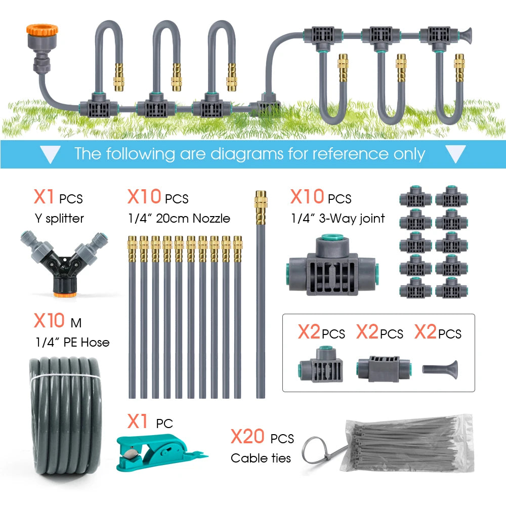 1/4'' Flexível 360 ° Conjunto de irrigação com bico de latão com ajuste rotativo, conexão rápida, atomização automática, sistema de rega de jardim 12