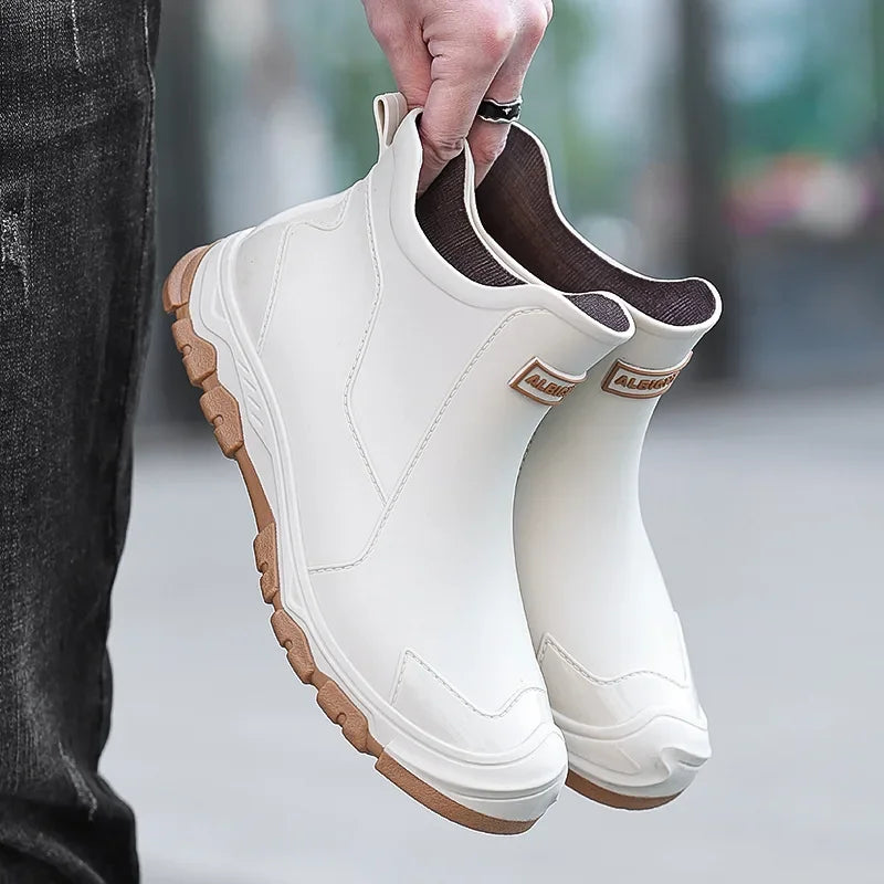 Botas de chuva masculinas botas impermeáveis ao ar livre antiderrapante casual tornozelo botas caminhadas pesca sapatos de água trabalho bota de borracha leve