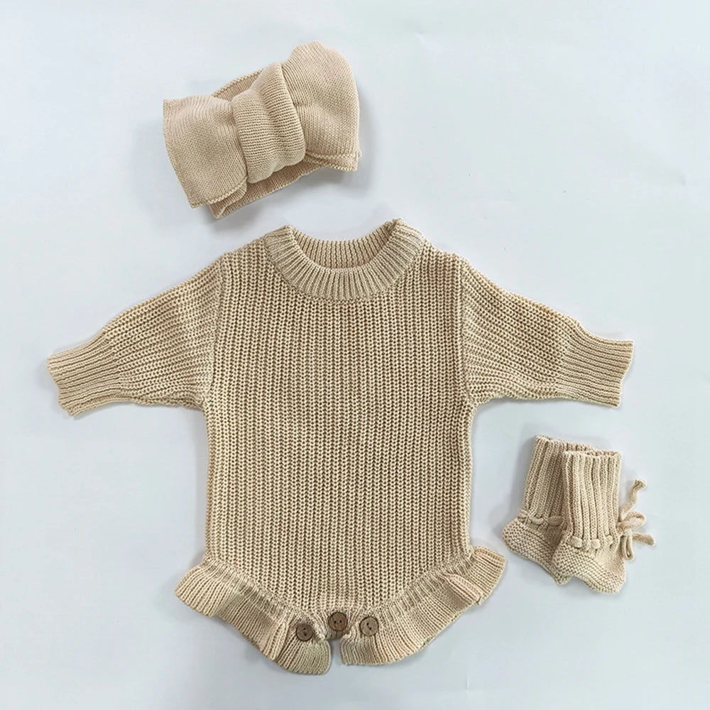 Conjunto de Fotografia para Recém-Nascidos — Macacão de Tricô com Nome Personalizado, Saia de Babados e Faixa de Cabelo