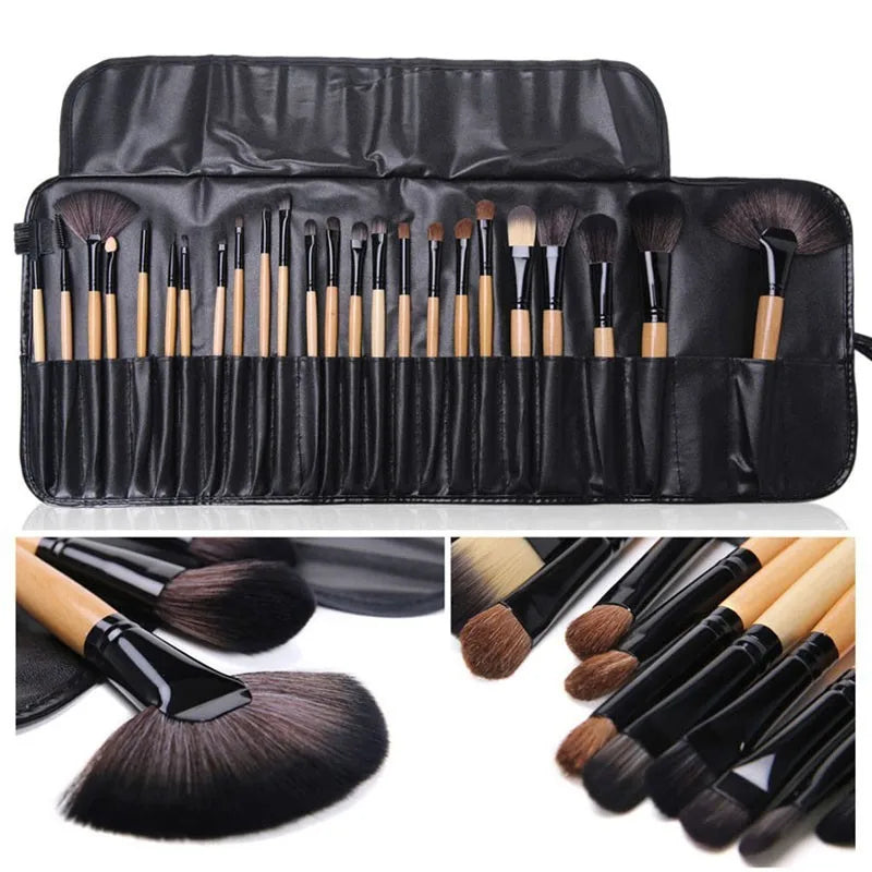 Kit com 24 Pincéis de Maquiagem Profissionais — Pó, Sombra, Sobrancelha e Base em Saco de Presente