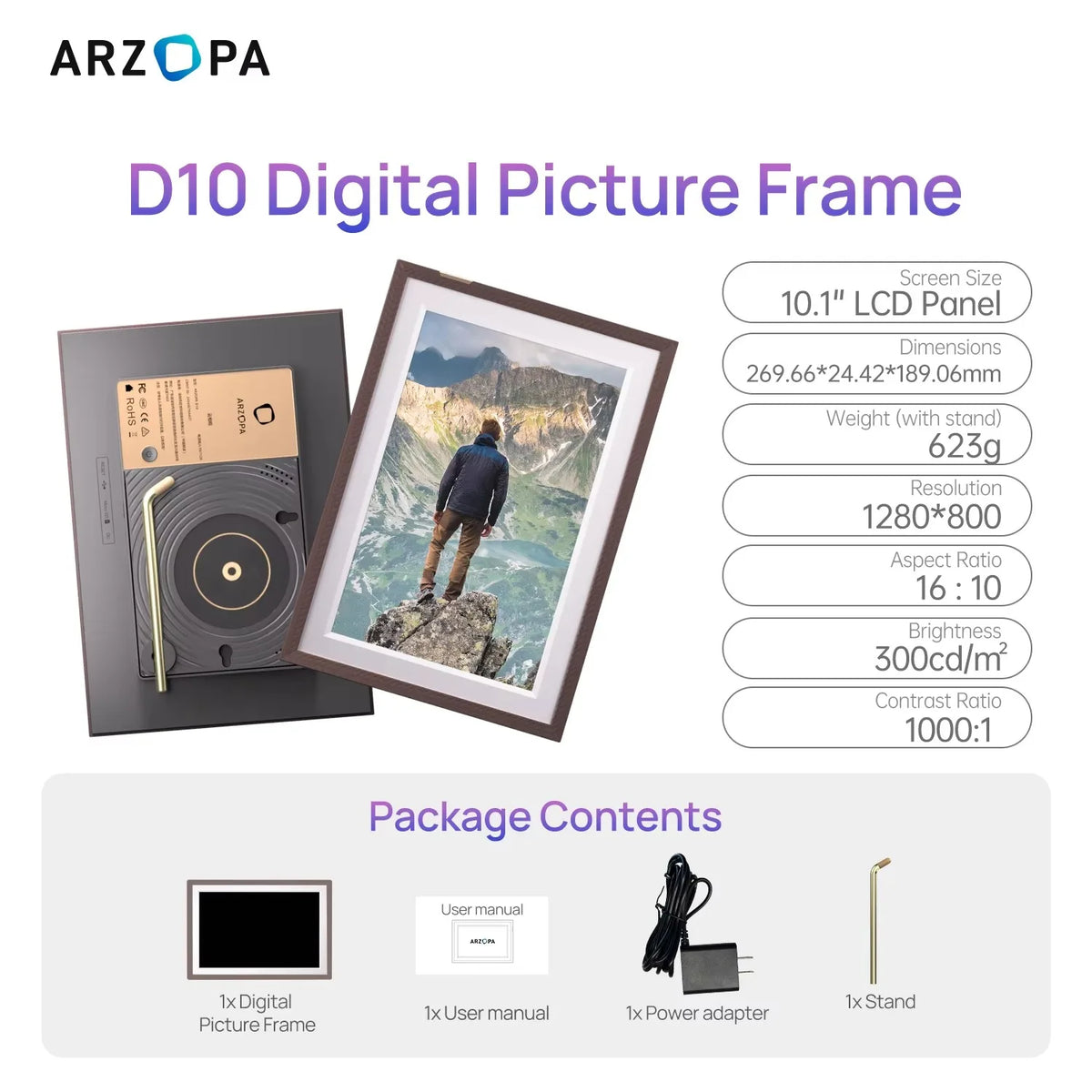 Porta-Retrato Digital Arzopa D10 WiFi 10,1” com 32GB 8