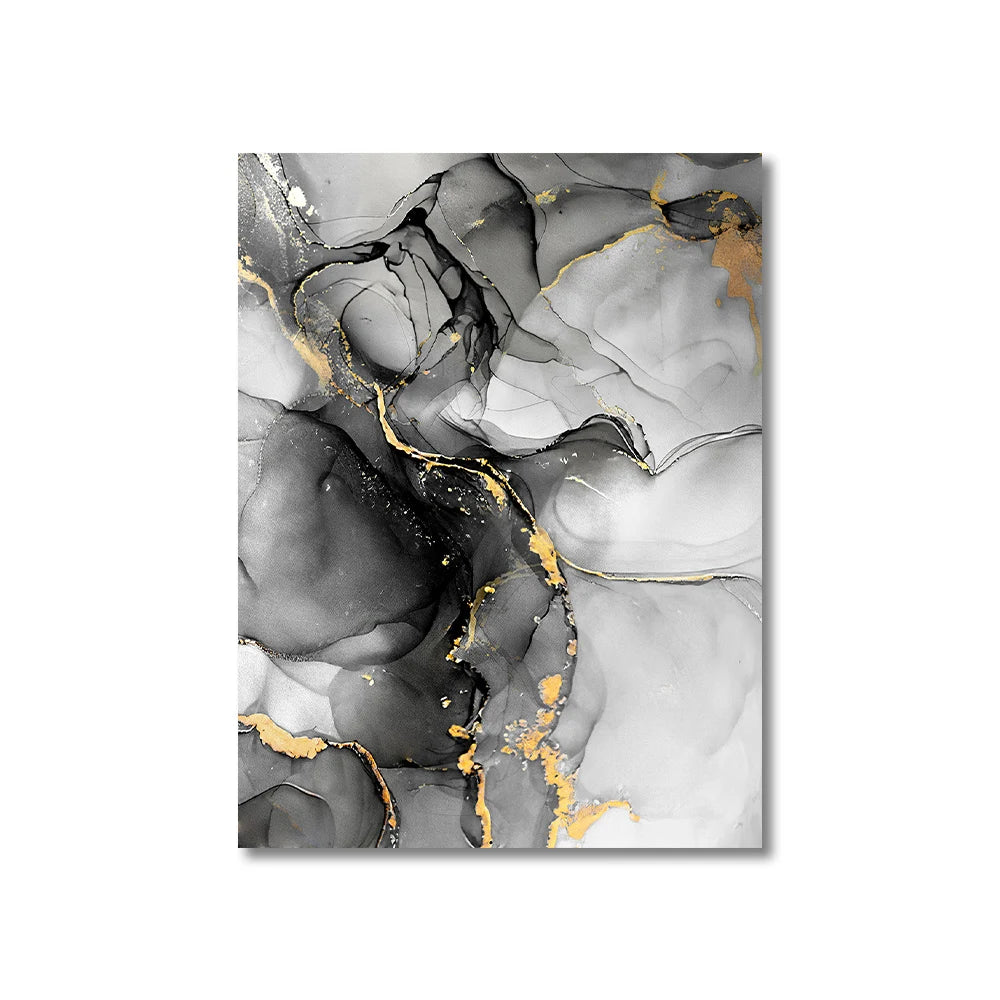 Quadro Decorativo Abstrato Preto, Branco e Dourado — Mármore 9