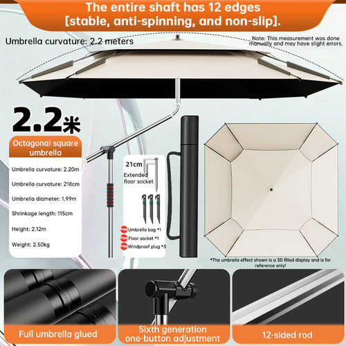 2.0-2.6m Guarda-chuva de Pesca Octogonal Portátil Toldo de Praia Guarda-sol para Acampamento UV Impermeável com Bolsa de Transporte