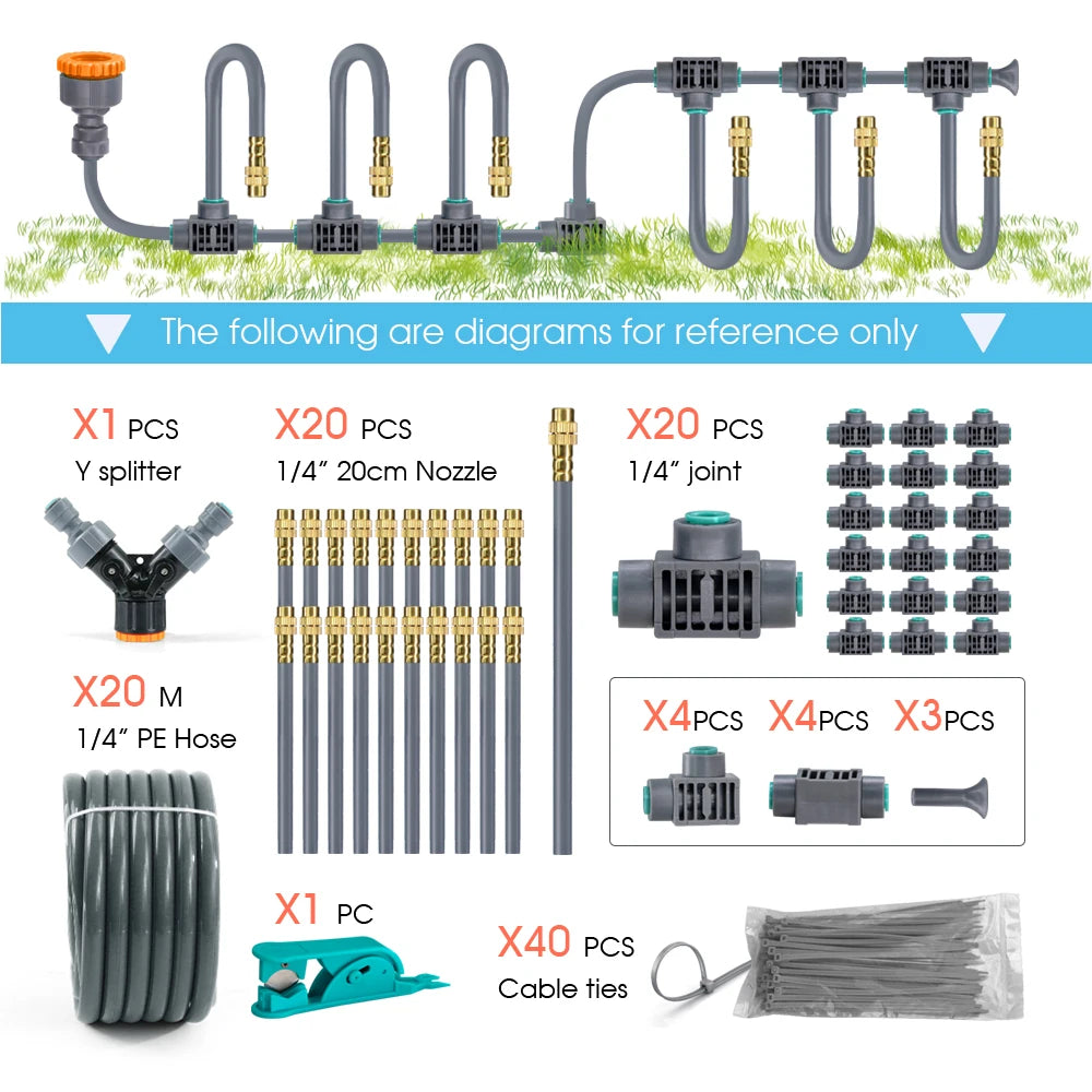 1/4'' Flexível 360 °   Conjunto de irrigação com bico de latão com ajuste rotativo, conexão rápida, atomização automática, sistema de rega de jardim 10