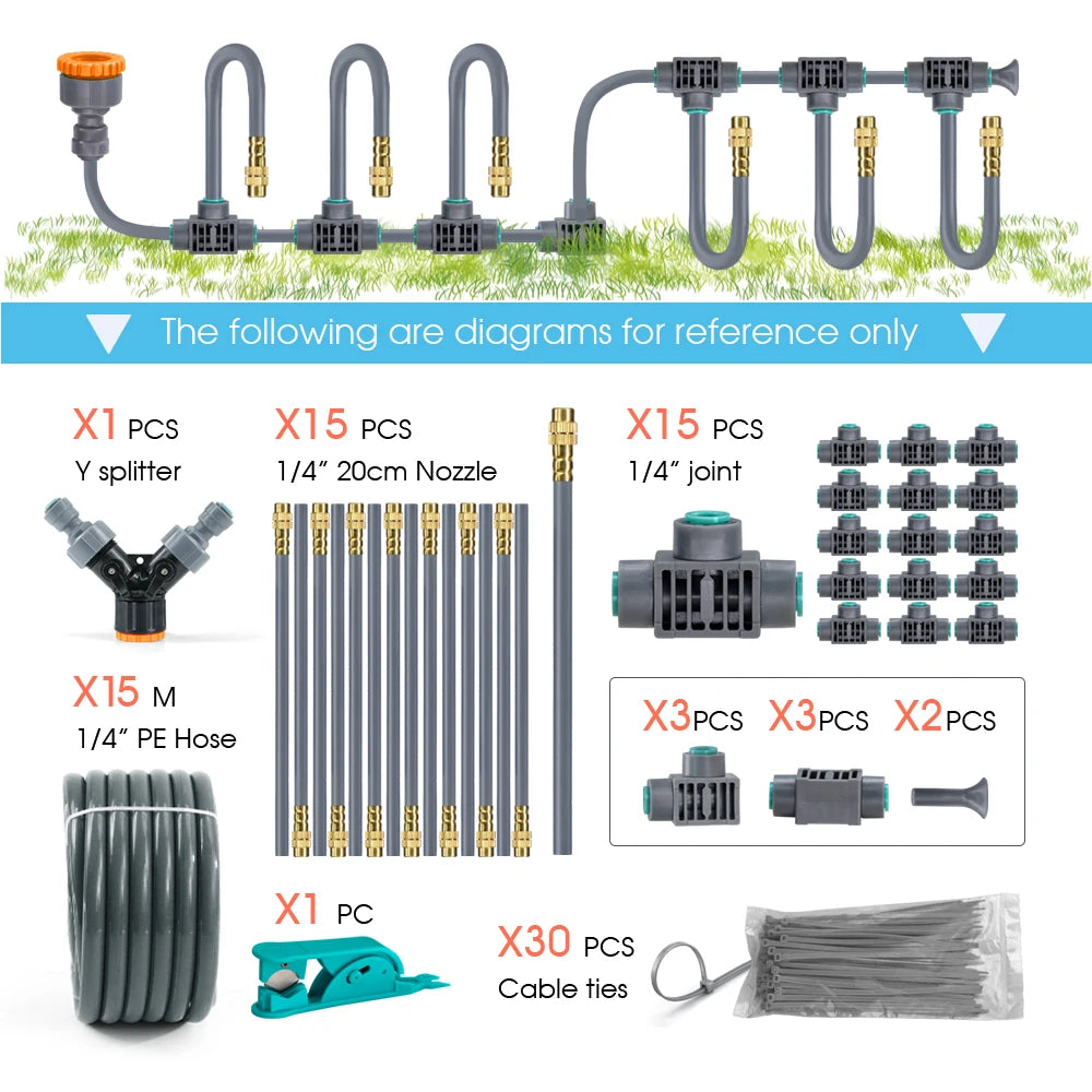1/4'' Flexível 360 °   Conjunto de irrigação com bico de latão com ajuste rotativo, conexão rápida, atomização automática, sistema de rega de jardim 11