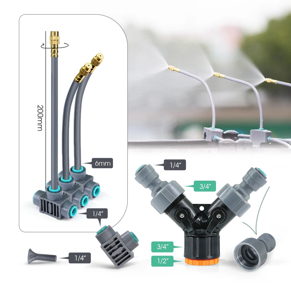 1/4'' Flexível 360 °   Conjunto de irrigação com bico de latão com ajuste rotativo, conexão rápida, atomização automática, sistema de rega de jardim 3