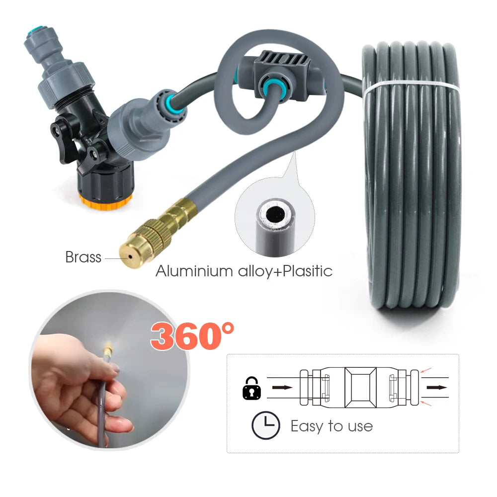 1/4'' Flexível 360 °   Conjunto de irrigação com bico de latão com ajuste rotativo, conexão rápida, atomização automática, sistema de rega de jardim 4