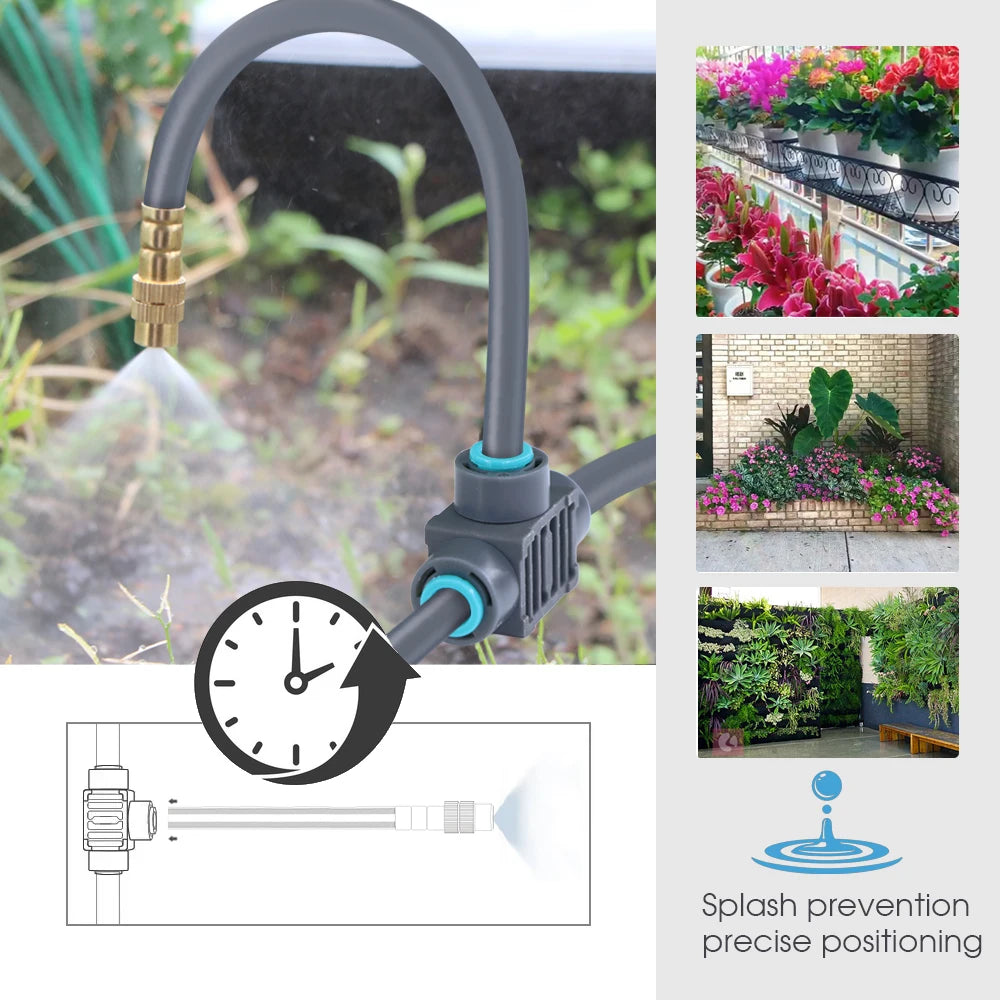 1/4'' Flexível 360 °   Conjunto de irrigação com bico de latão com ajuste rotativo, conexão rápida, atomização automática, sistema de rega de jardim 5