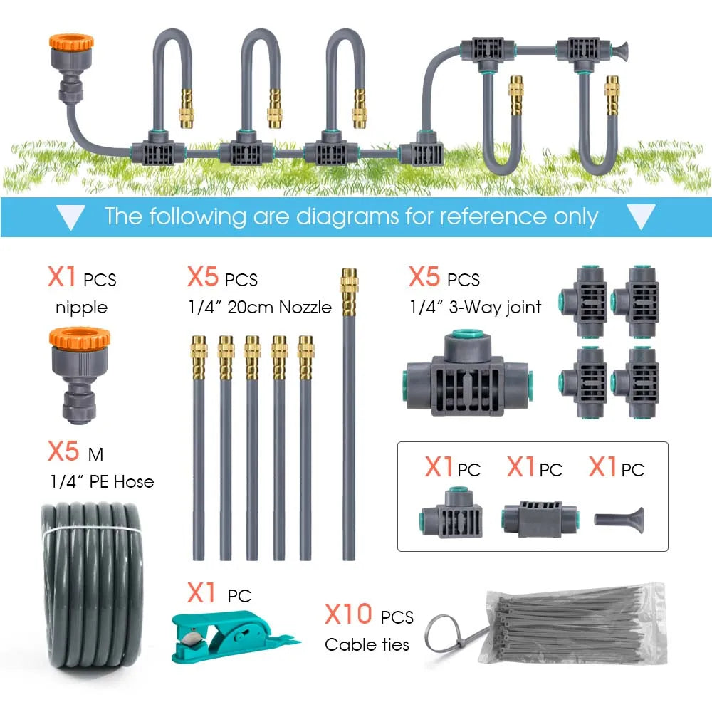 1/4'' Flexível 360 °   Conjunto de irrigação com bico de latão com ajuste rotativo, conexão rápida, atomização automática, sistema de rega de jardim 7