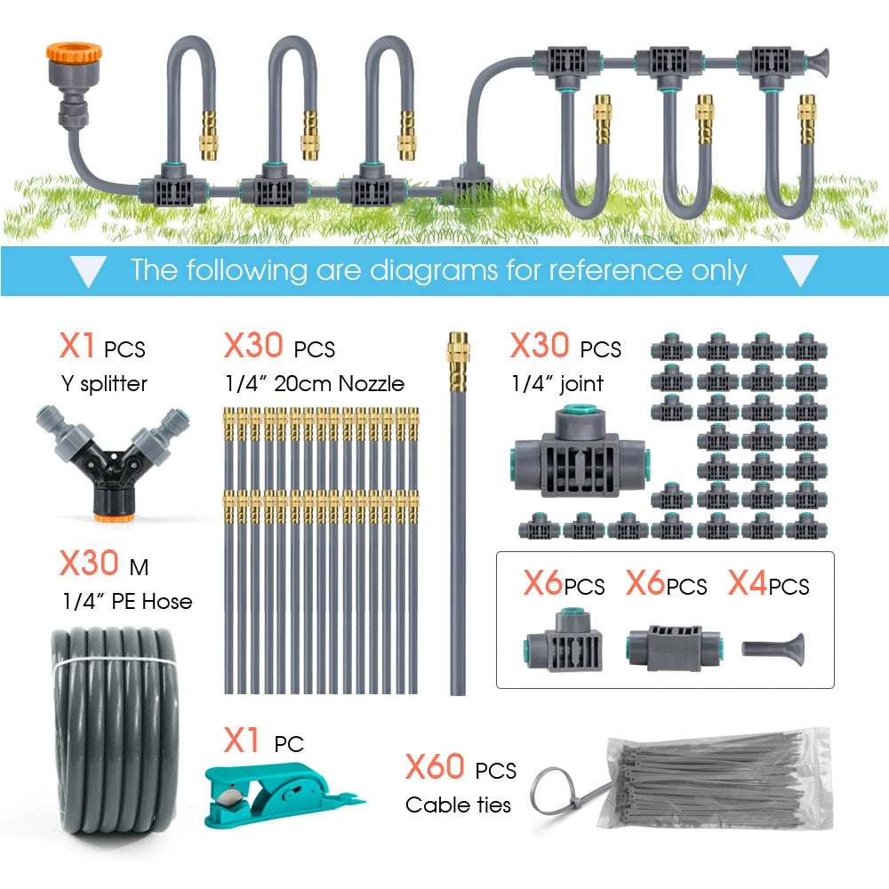 1/4'' Flexível 360 °   Conjunto de irrigação com bico de latão com ajuste rotativo, conexão rápida, atomização automática, sistema de rega de jardim 8