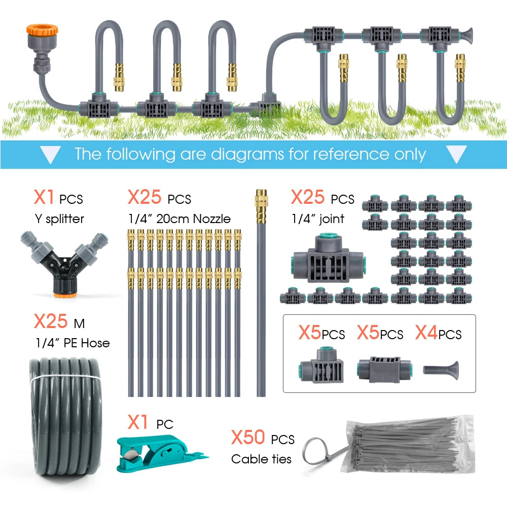 1/4'' Flexível 360 °   Conjunto de irrigação com bico de latão com ajuste rotativo, conexão rápida, atomização automática, sistema de rega de jardim 9