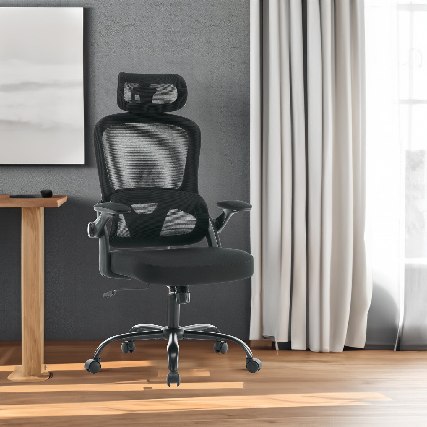 Cadeira de Escritório Ergonômica em Tela Mesh, Encosto Alto com Apoio de Braços 3D, Suporte Lombar e Apoio de Cabeça Ajustável 2D – Preta