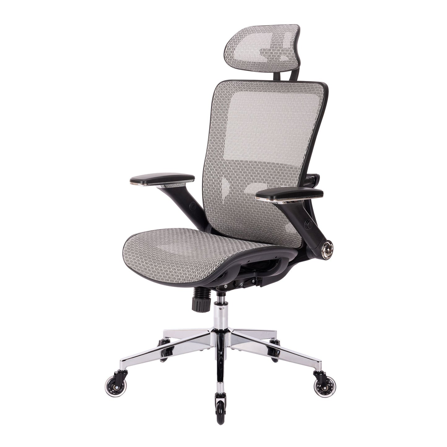 Cadeira de Escritório Ergonômica em Tela Mesh, Encosto Alto com Apoio de Cabeça Ajustável e Braços Rebatíveis – Cinza