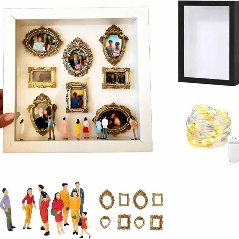 Kit DIY de Mini Museu em Caixa de Sombra | Exibição de Memórias de Aniversário de Casamento com Molduras Douradas e Estatuetas