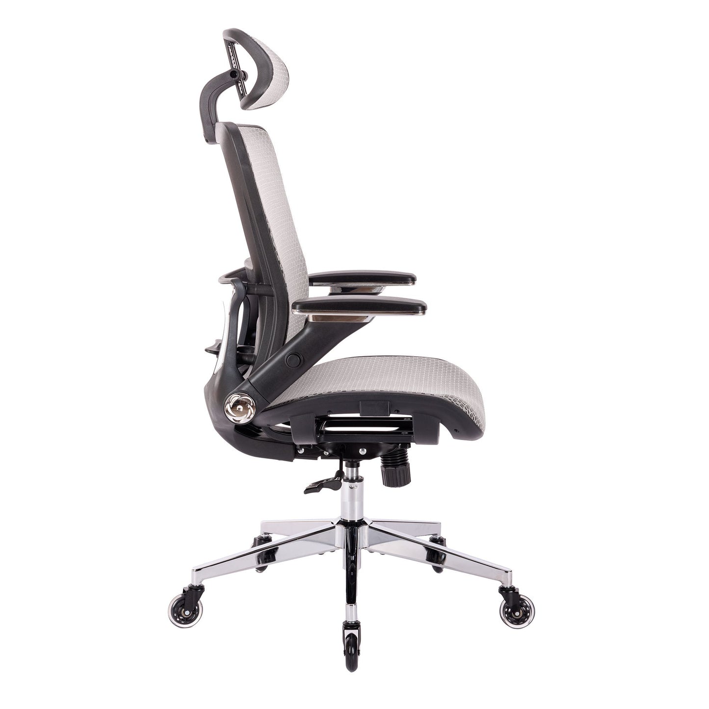 Cadeira de Escritório Ergonômica em Tela Mesh, Encosto Alto com Apoio de Cabeça Ajustável e Braços Rebatíveis – Cinza