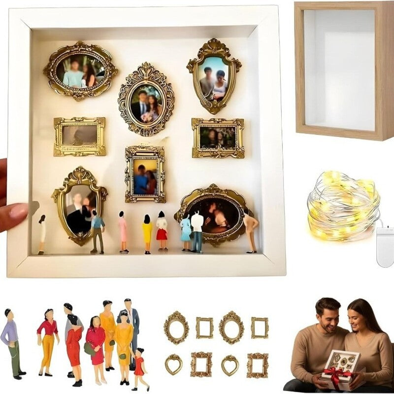 Kit DIY de Mini Museu em Caixa de Sombra | Exibição de Memórias de Aniversário de Casamento com Molduras Douradas e Estatuetas