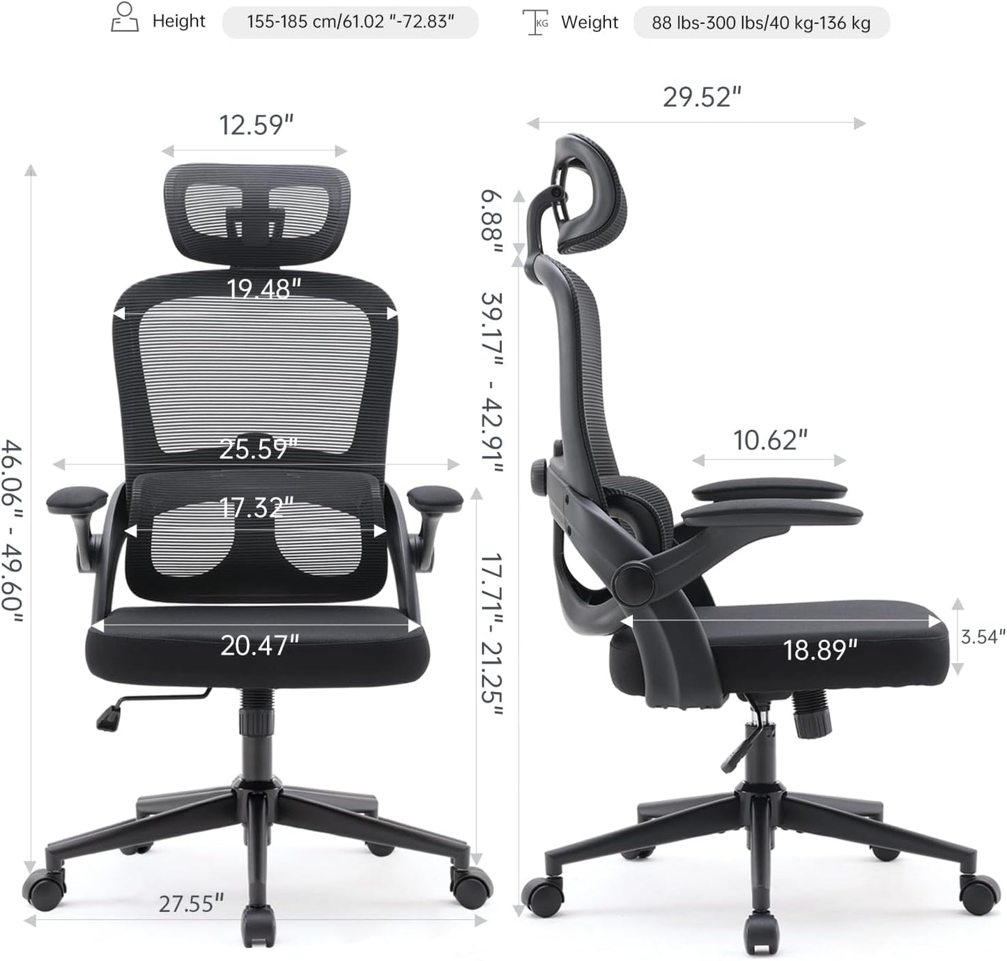 Cadeira de Escritório Ergonômica em Tela Mesh, Encosto Alto com Apoio de Braços 3D, Suporte Lombar e Apoio de Cabeça Ajustável 2D – Preta