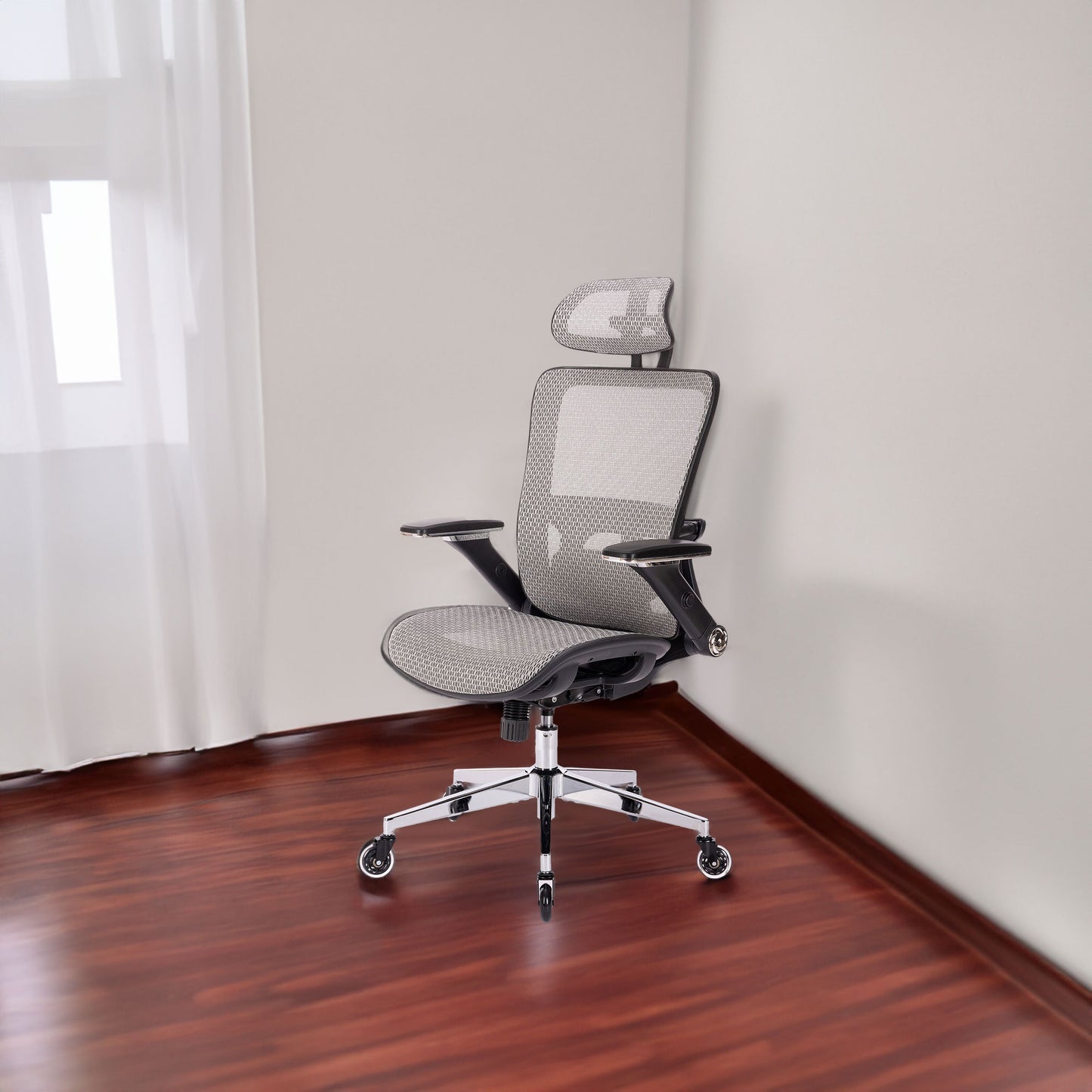 Cadeira de Escritório Ergonômica em Tela Mesh, Encosto Alto com Apoio de Cabeça Ajustável e Braços Rebatíveis – Cinza