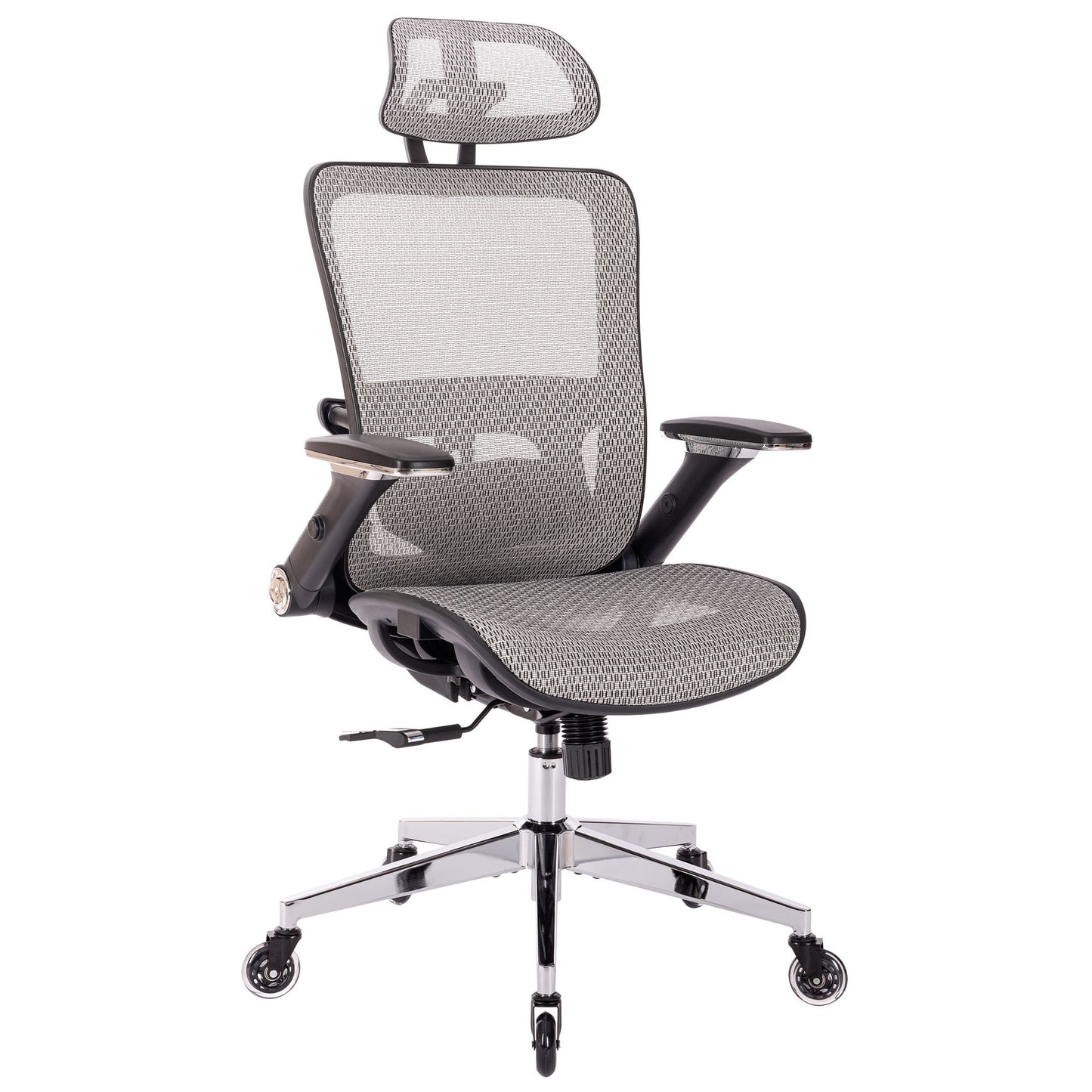 Cadeira de Escritório Ergonômica em Tela Mesh, Encosto Alto com Apoio de Cabeça Ajustável e Braços Rebatíveis – Cinza
