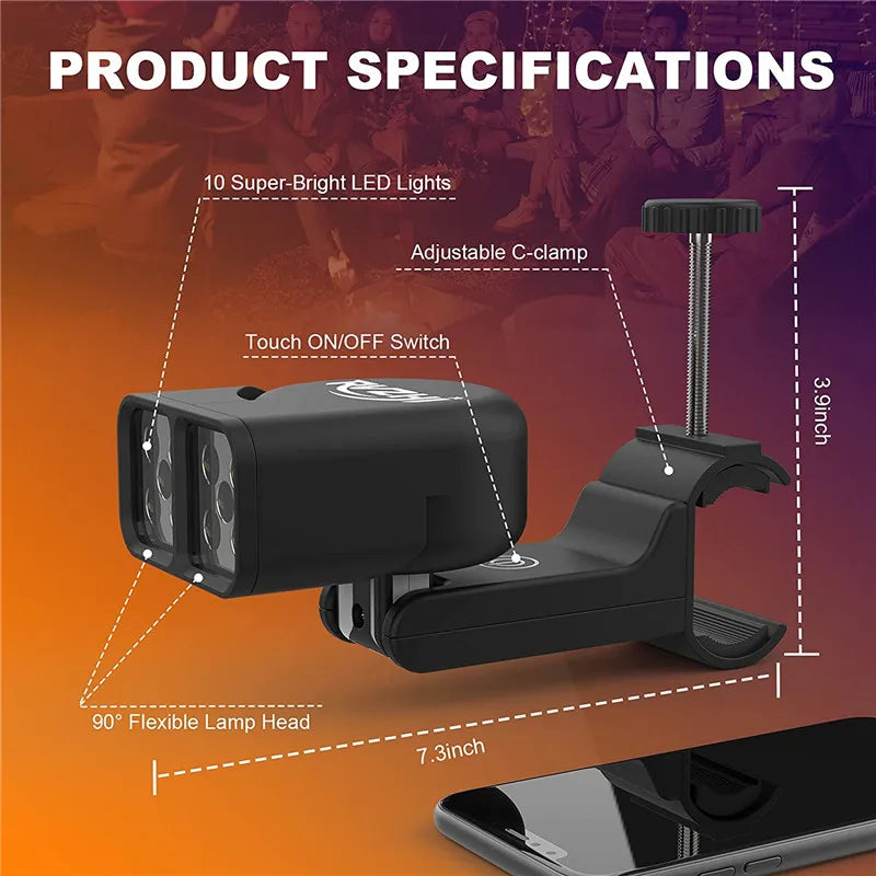 Luz LED Portátil para Churrasqueira — 10 LEDs, Ajustável 180°, Resistente ao Calor para Churrasco e Camping