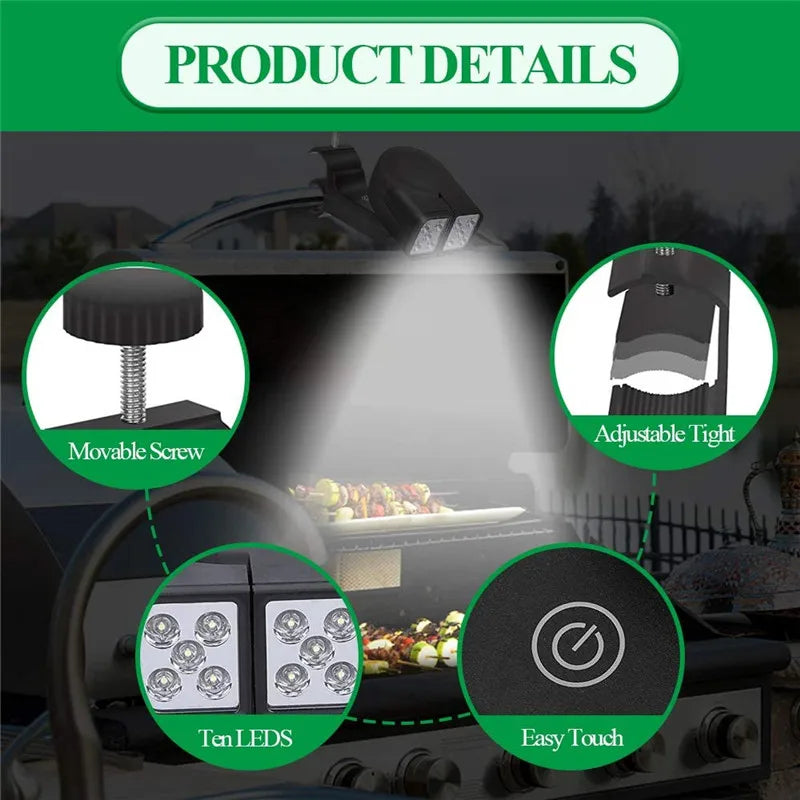 Luz LED Portátil para Churrasqueira — 10 LEDs, Ajustável 180°, Resistente ao Calor para Churrasco e Camping