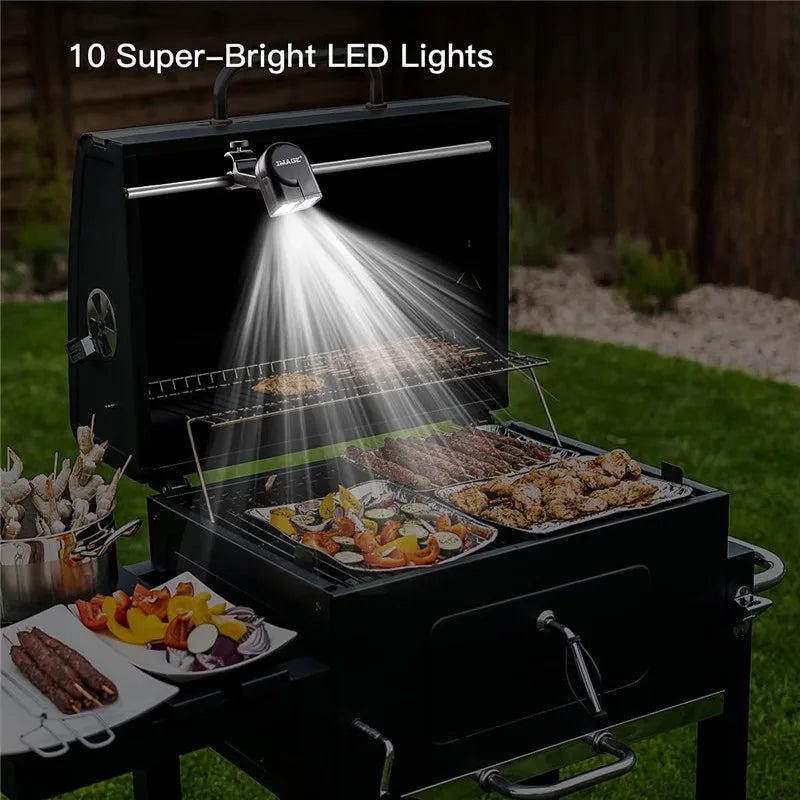 Luz LED Portátil para Churrasqueira — 10 LEDs, Ajustável 180°, Resistente ao Calor para Churrasco e Camping