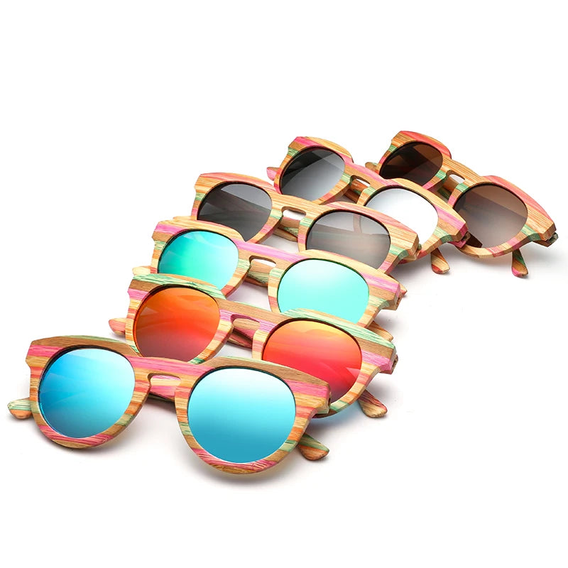 Óculos de sol redondo de madeira bambu polarizado lente com vidro de sol uv400 com estojo