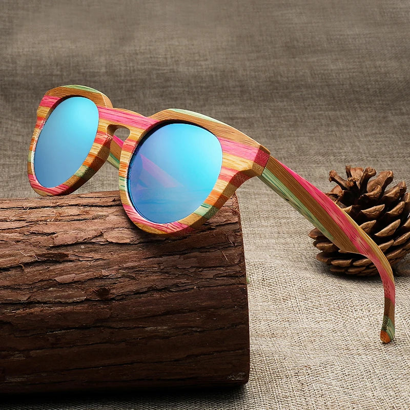 Óculos de sol redondo de madeira bambu polarizado lente com vidro de sol uv400 com estojo