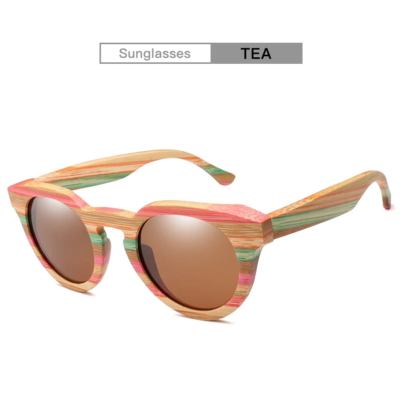 Óculos de sol redondo de madeira bambu polarizado lente com vidro de sol uv400 com estojo