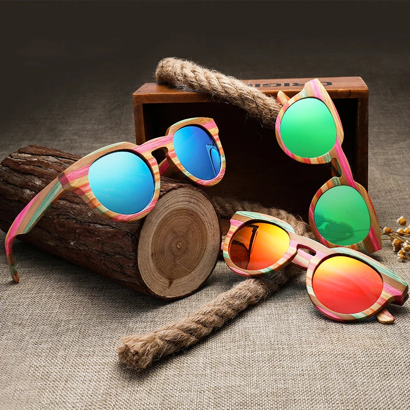 Óculos de sol redondo de madeira bambu polarizado lente com vidro de sol uv400 com estojo