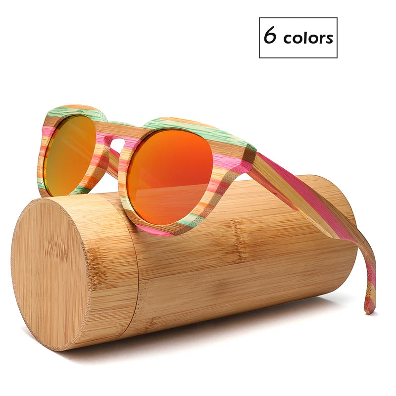 Óculos de sol redondo de madeira bambu polarizado lente com vidro de sol uv400 com estojo