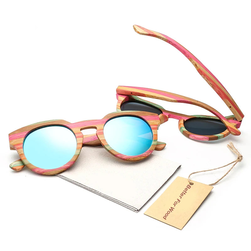 Óculos de sol redondo de madeira bambu polarizado lente com vidro de sol uv400 com estojo