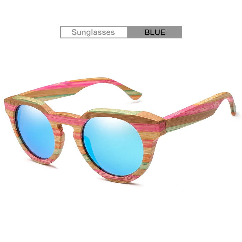 Óculos de sol redondo de madeira bambu polarizado lente com vidro de sol uv400 com estojo