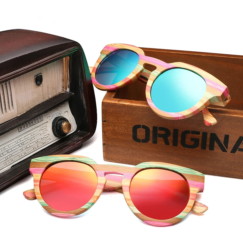 Óculos de sol redondo de madeira bambu polarizado lente com vidro de sol uv400 com estojo
