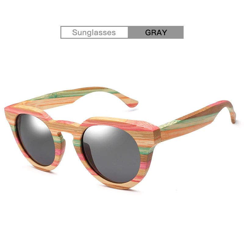 Óculos de sol redondo de madeira bambu polarizado lente com vidro de sol uv400 com estojo
