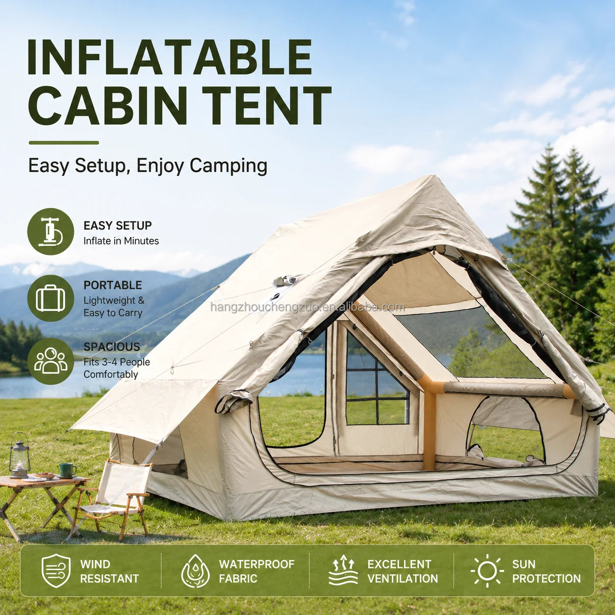 Barraca Inflável para Camping, Barraca Inflável Glamping com Bomba Manual para Todas as Estações, Ideal para Família, Amigos, Acampamento, Encontros ao Ar Livre