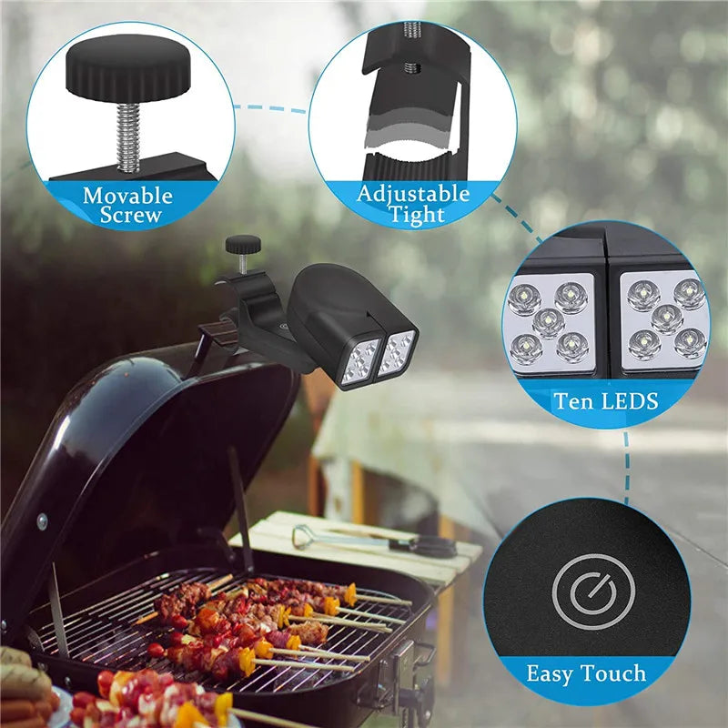 Luz LED Portátil para Churrasqueira — 10 LEDs, Ajustável 180°, Resistente ao Calor para Churrasco e Camping