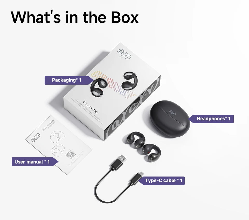 Fones de Ouvido Sem Fio QCY Crossky C30 — Bluetooth 5.4, Clip para Ouvido, 25h de Bateria, IPX4