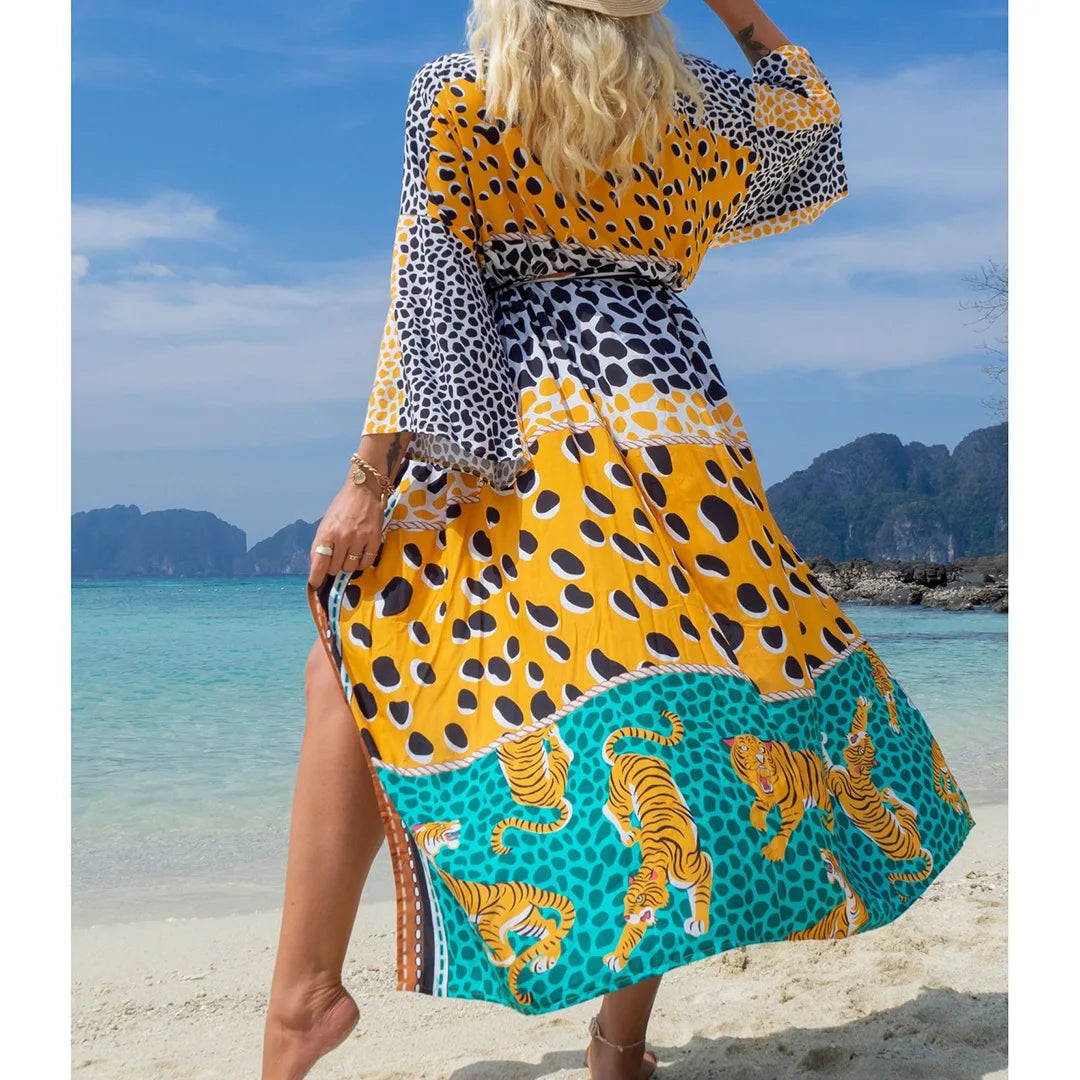 Quimono Boho Longo de Praia — Estampado, Feminino e Perfeito para o Verão