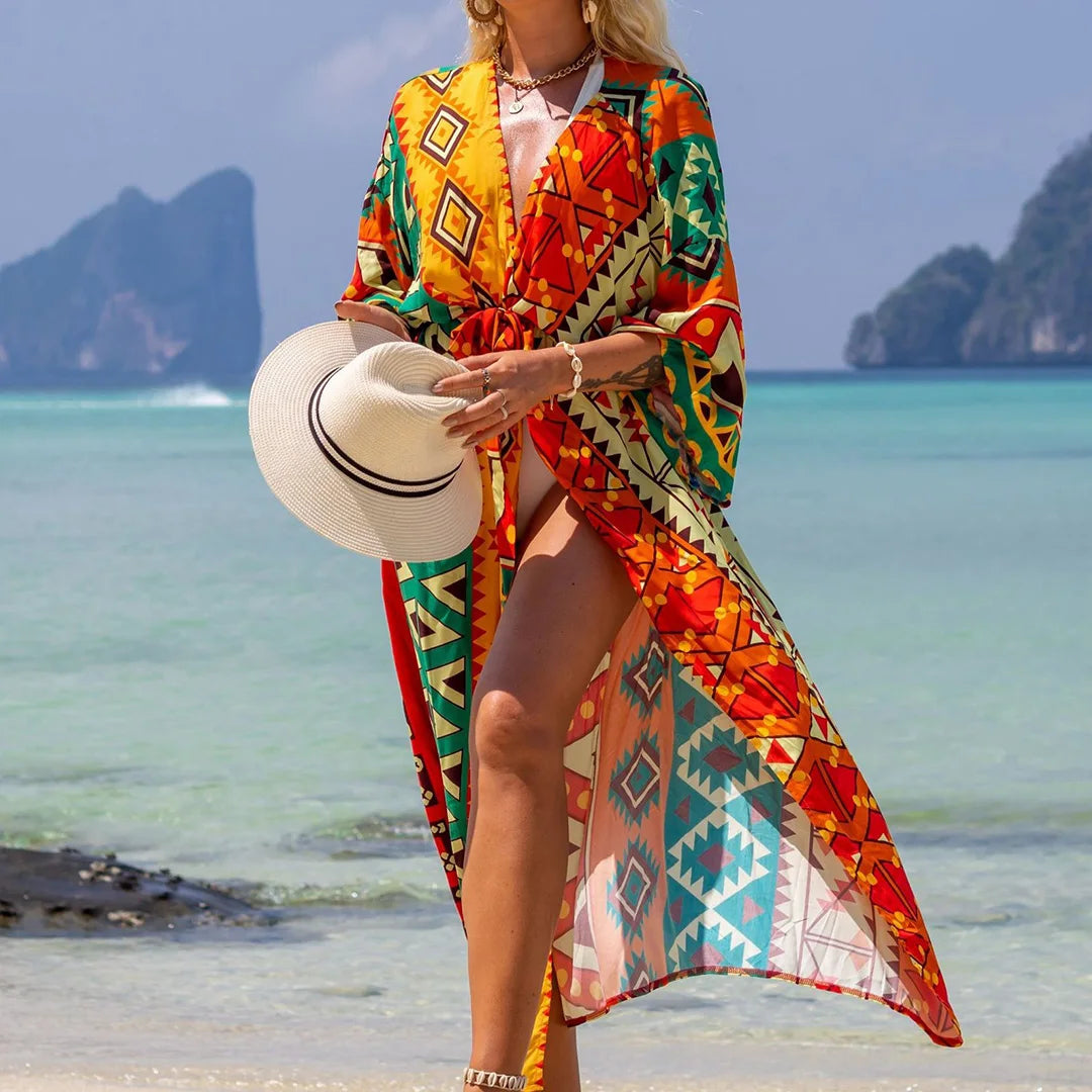 Quimono Boho Longo de Praia — Estampado, Feminino e Perfeito para o Verão