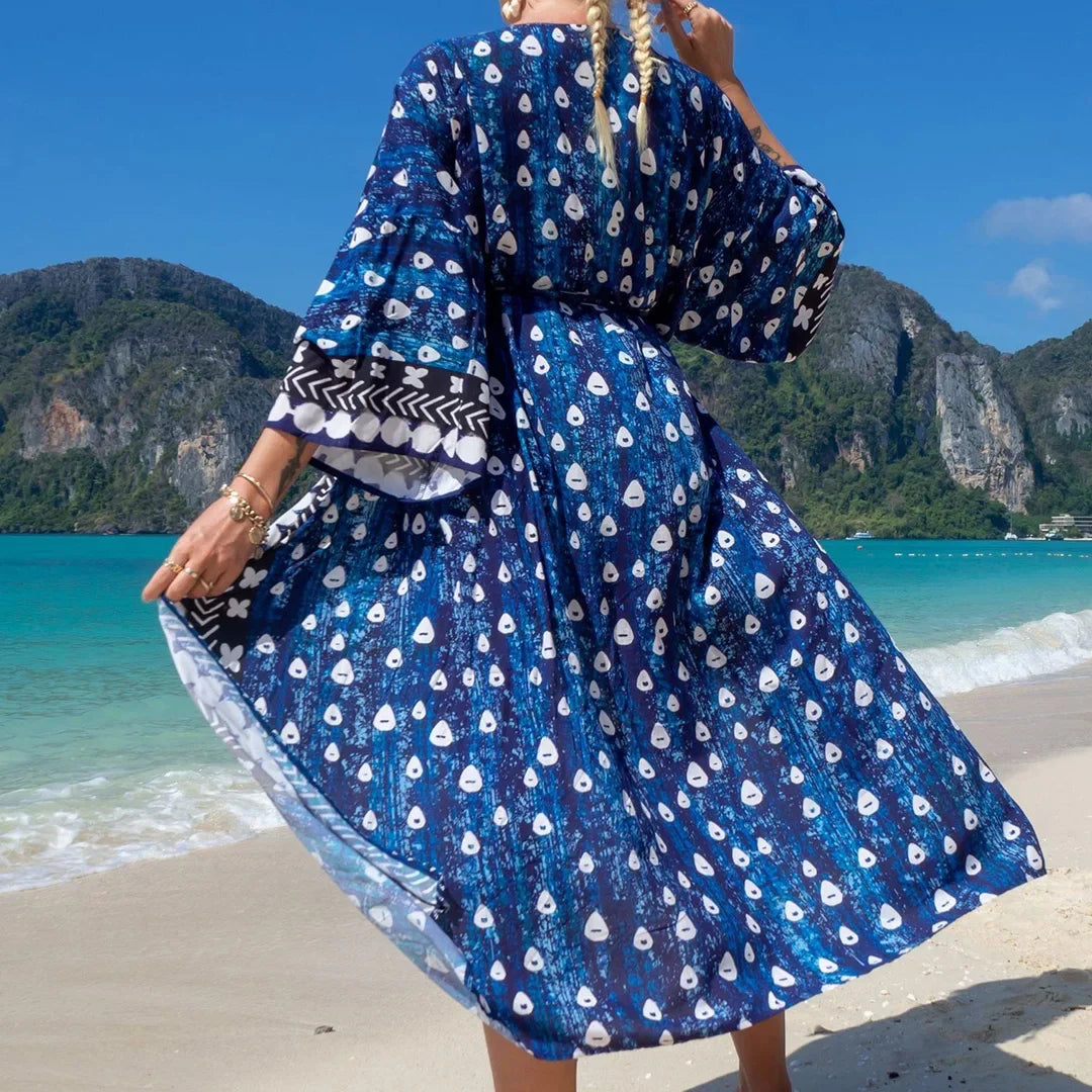 Quimono Boho Longo de Praia — Estampado, Feminino e Perfeito para o Verão