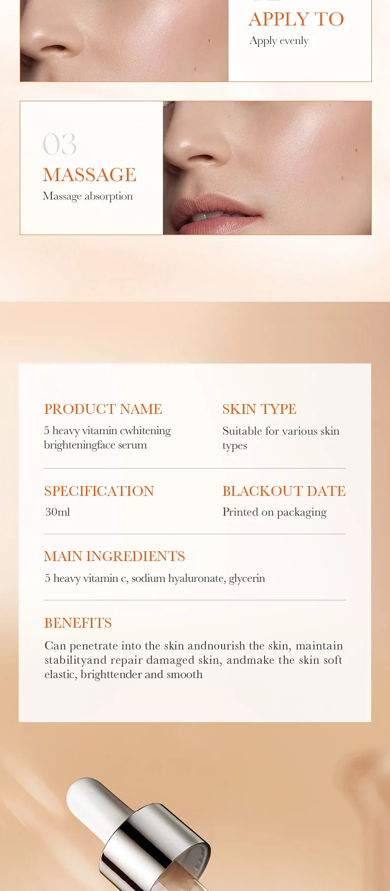 Sérum Facial de Vitamina C Coreano — 5 Funções: Hidratação, Brilho, Poros Reduzidos e Reparação