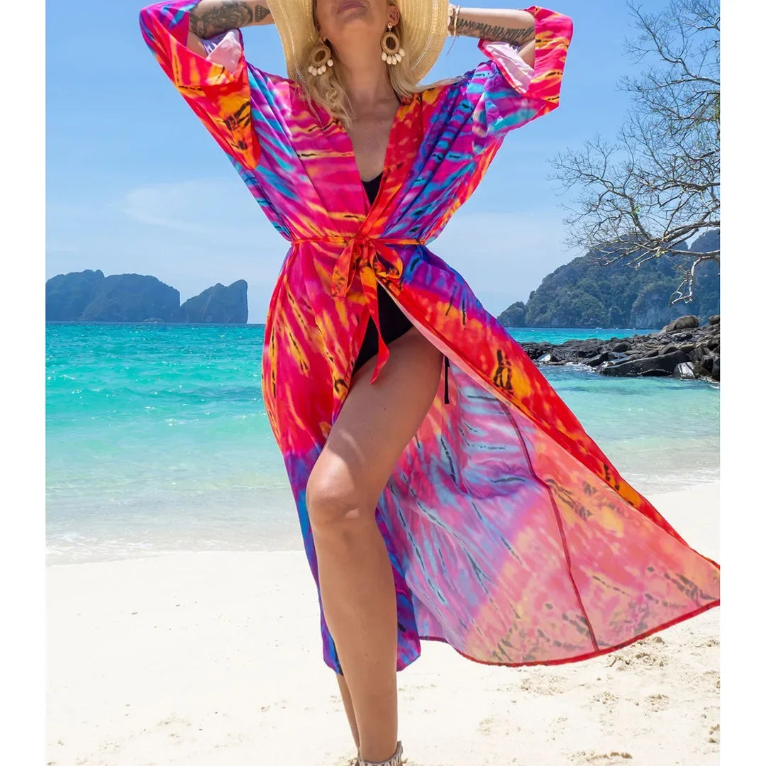 Quimono Boho Longo de Praia — Estampado, Feminino e Perfeito para o Verão
