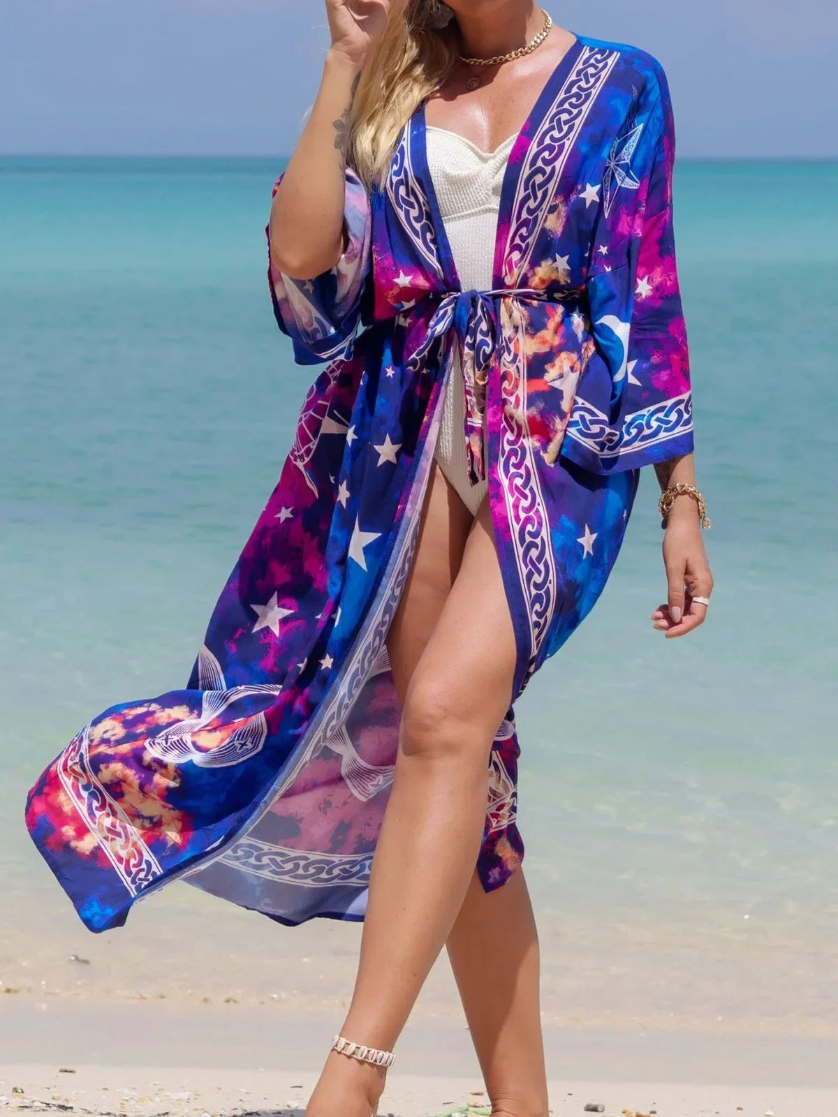 Quimono Boho Longo de Praia — Estampado, Feminino e Perfeito para o Verão