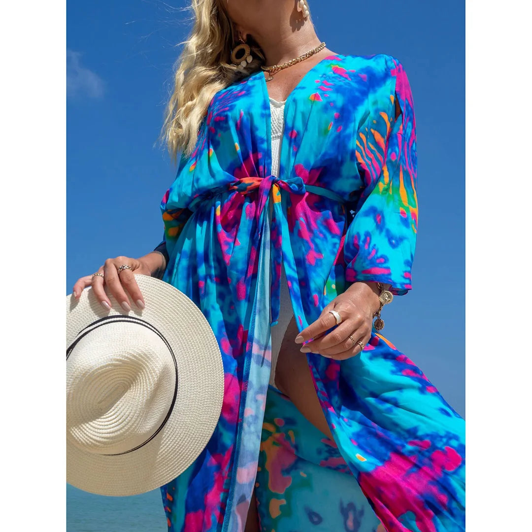 Quimono Boho Longo de Praia — Estampado, Feminino e Perfeito para o Verão