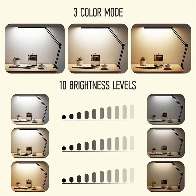 Luminária de Mesa LED com Braçadeira — Dimmer, Proteção Ocular, USB, Cabeca Simples ou Dupla