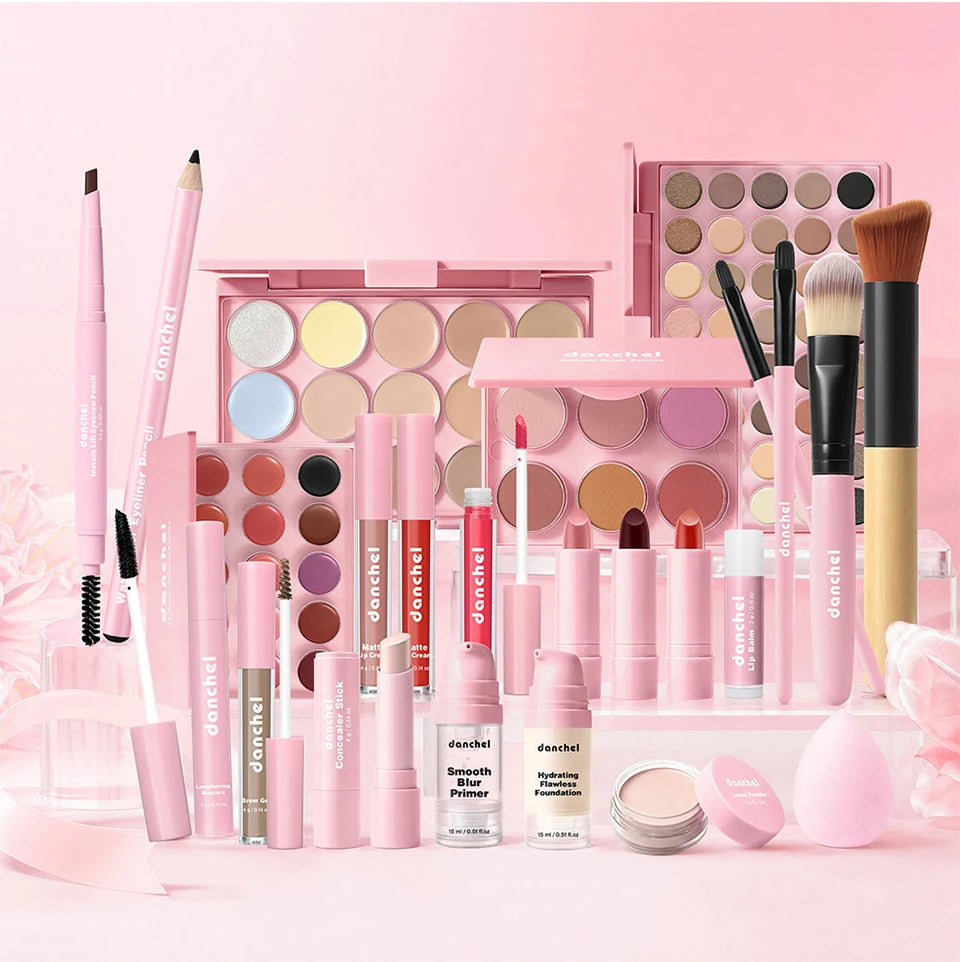Kit de Maquiagem Completo para Rosto — Base, Corretivo, Blush, Sombra, Sobrancelha e Esponjas