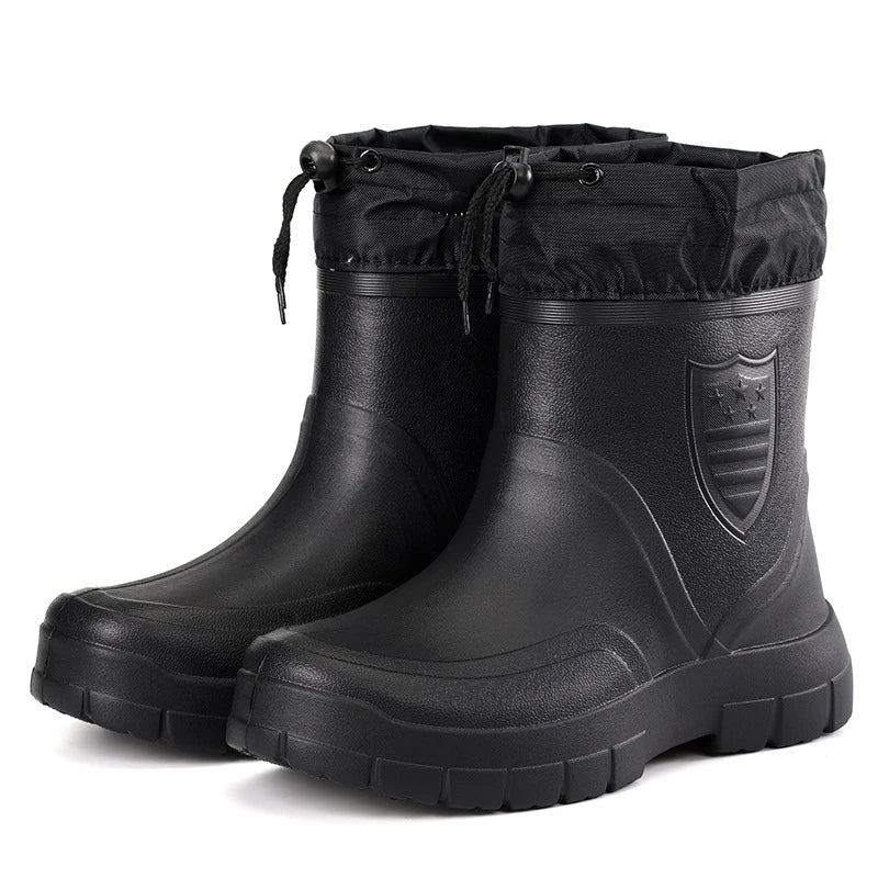 2024 botas de chuva masculinas versáteis à prova dwaterproof água ao ar livre sapato leve veludo moda bota curta casual conforto masculino sapatos de água