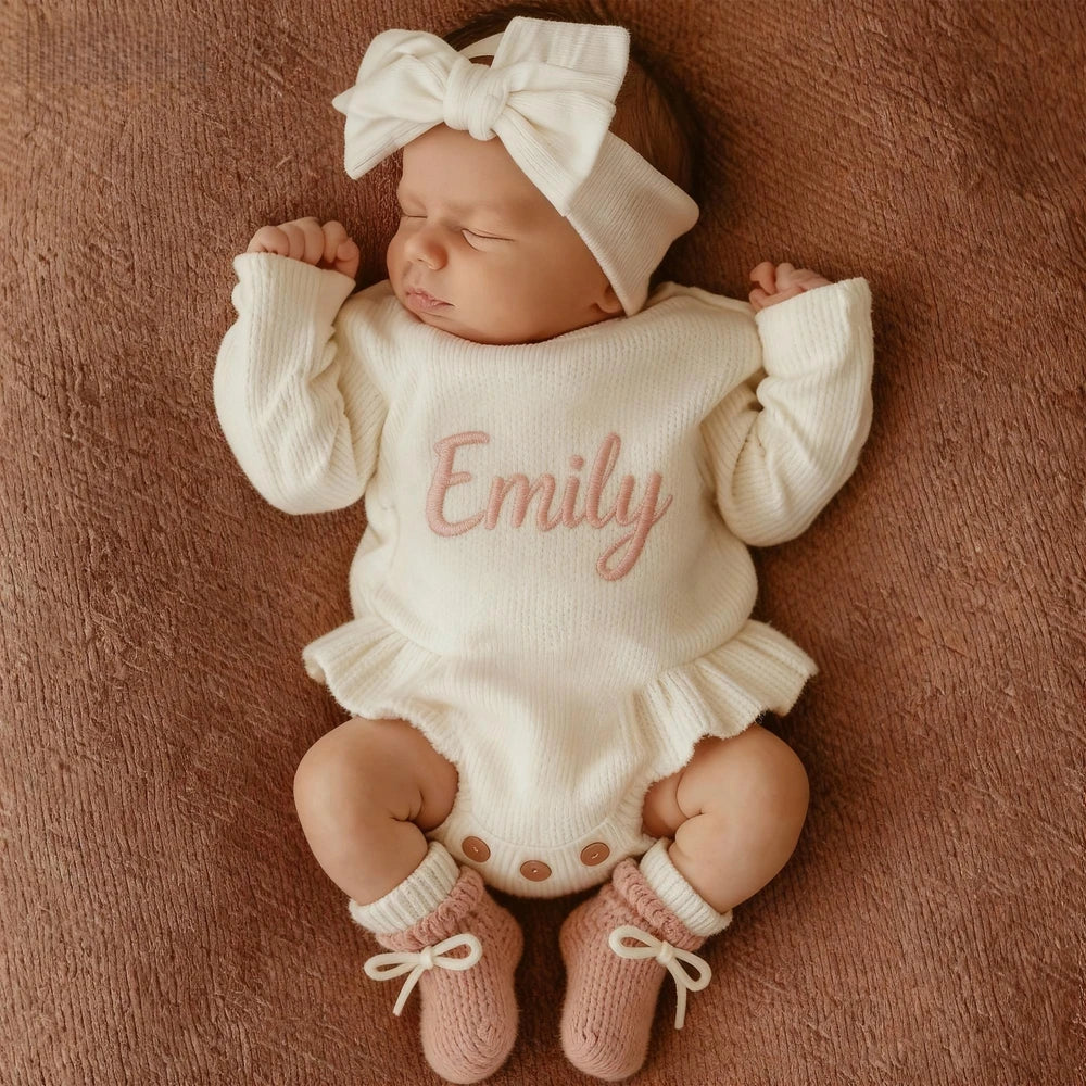 Macacão Newborn Personalizado Fofinho — Tricô com Babado, Nome Bordado e Tiara para Ensaio Fotográfico