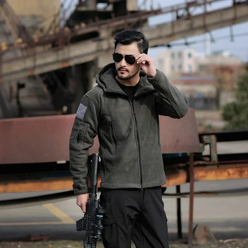 Jaqueta Tática Polar Masculina Robusta — Lã Quente com Capuz para Inverno, Trilha e Uso Casual